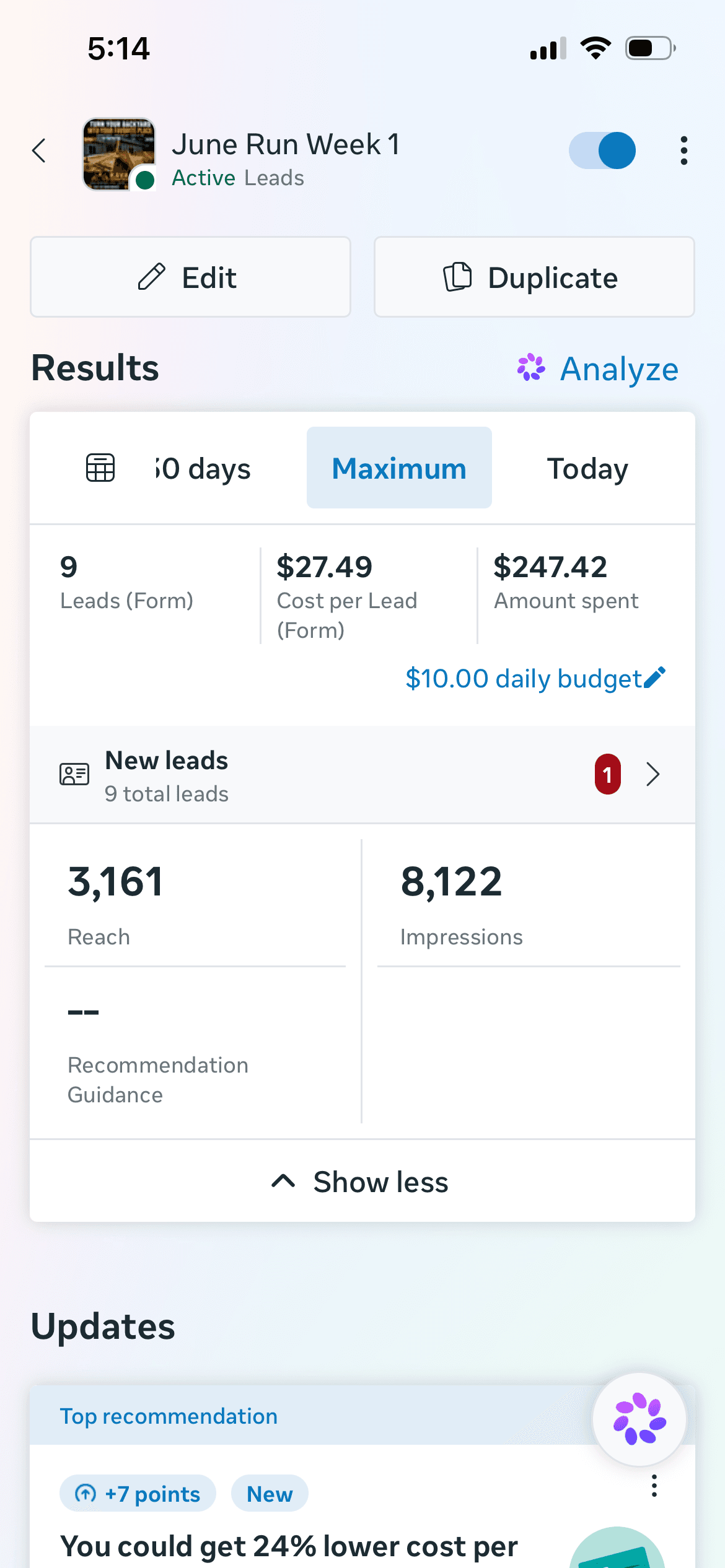Kava Construction Facebook ads results showing what a $10 a day Meta ads budget can produce