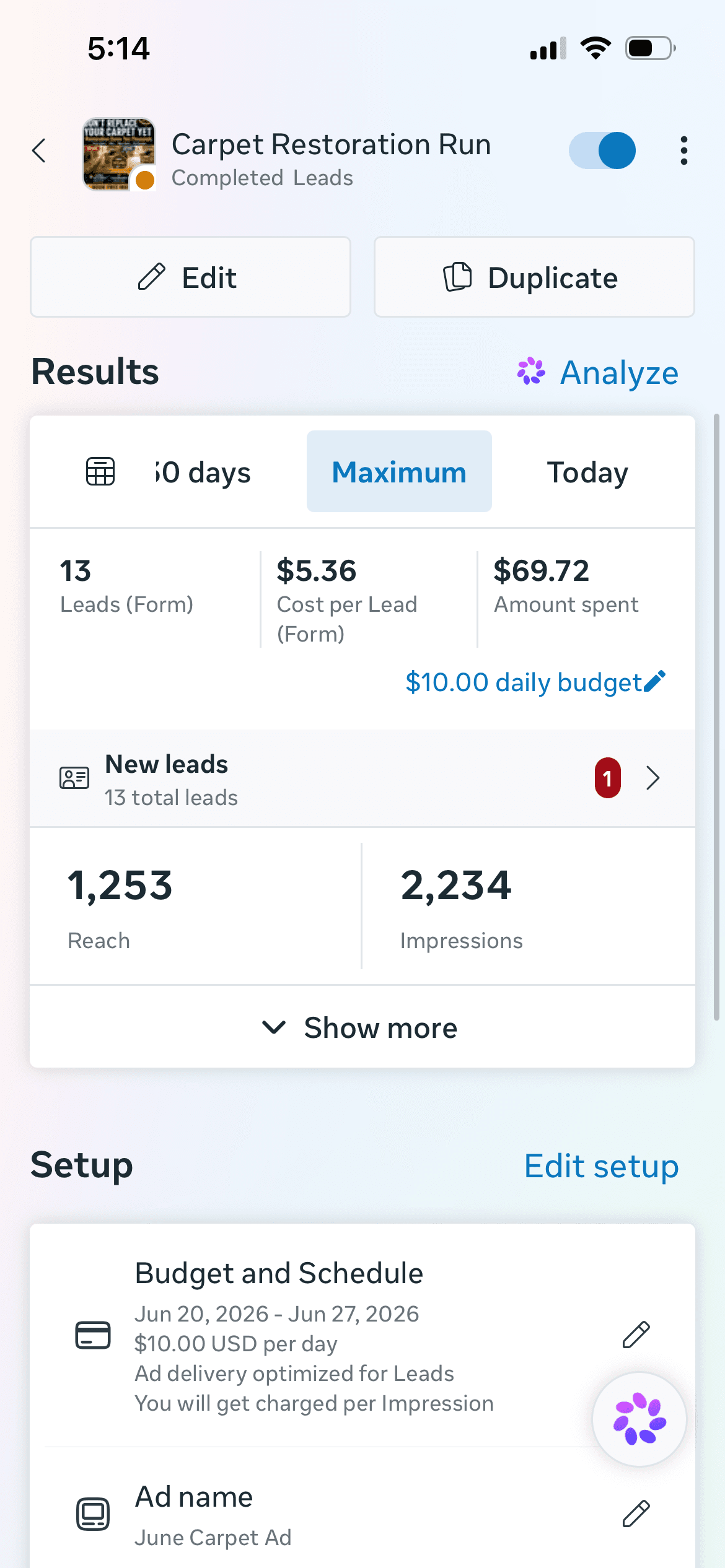 Mor Handy carpet cleaning Meta ads results screenshot