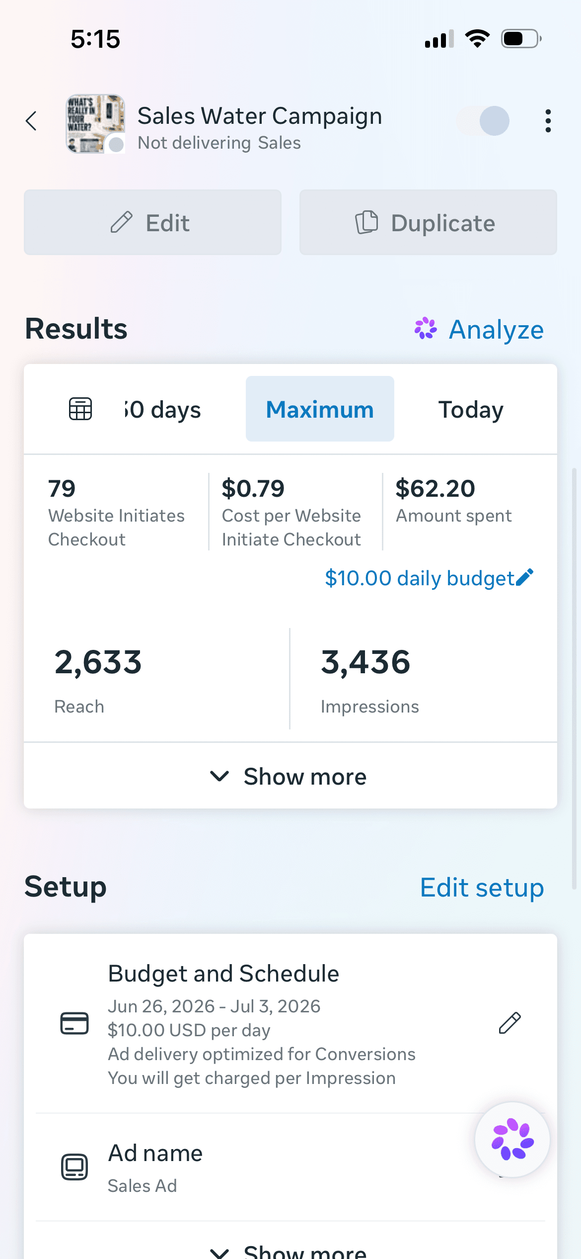 Ryan Pool SR Enagic Meta ads campaign result screenshot