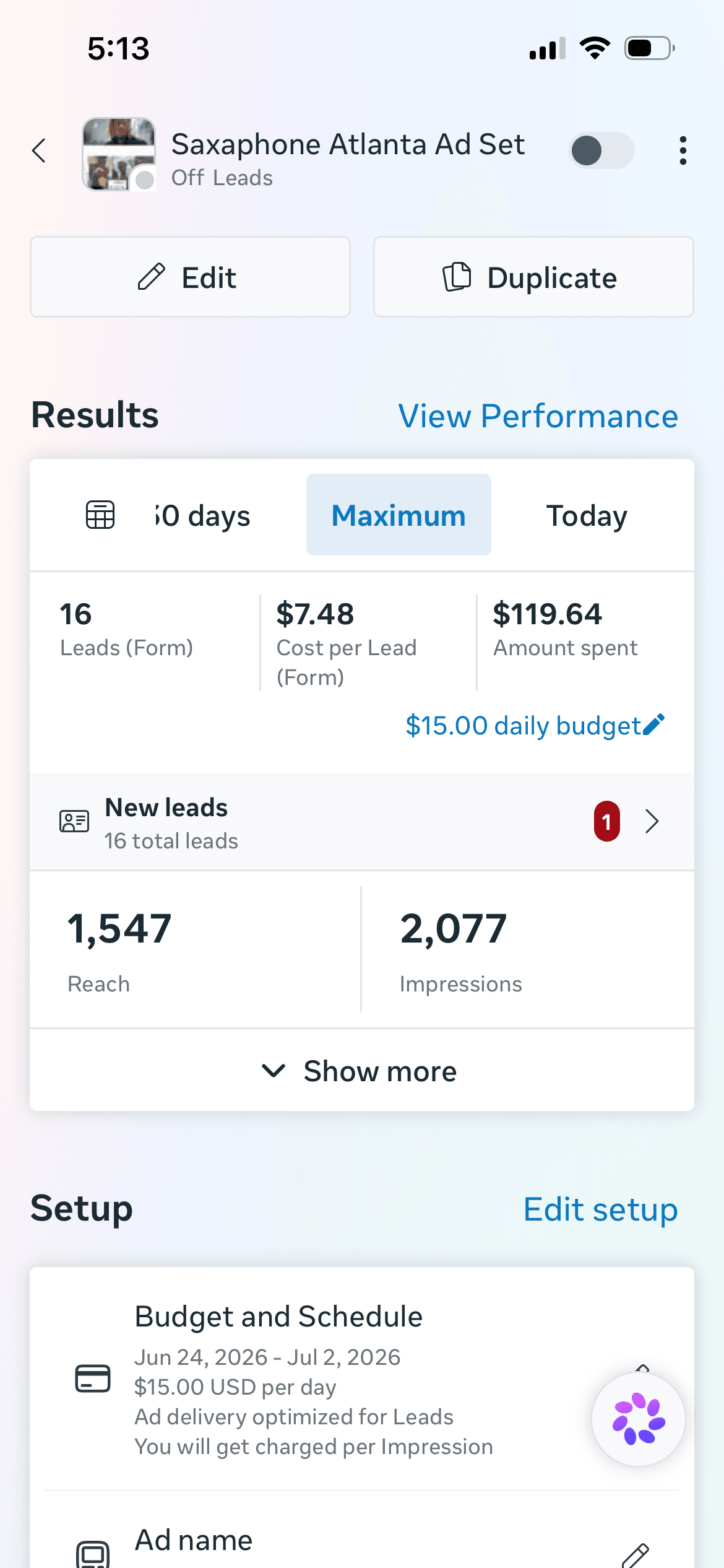 Saxophone Atlanta ad set Meta ads results screenshot