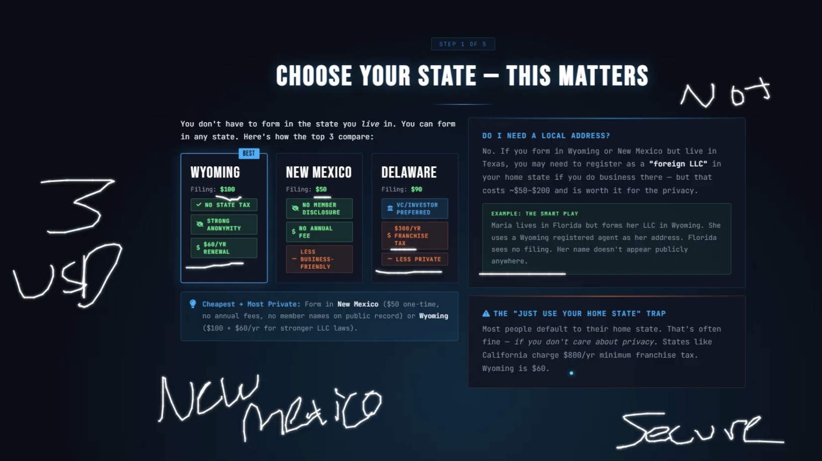 StackMode comparison slide for Wyoming, New Mexico, and Delaware.