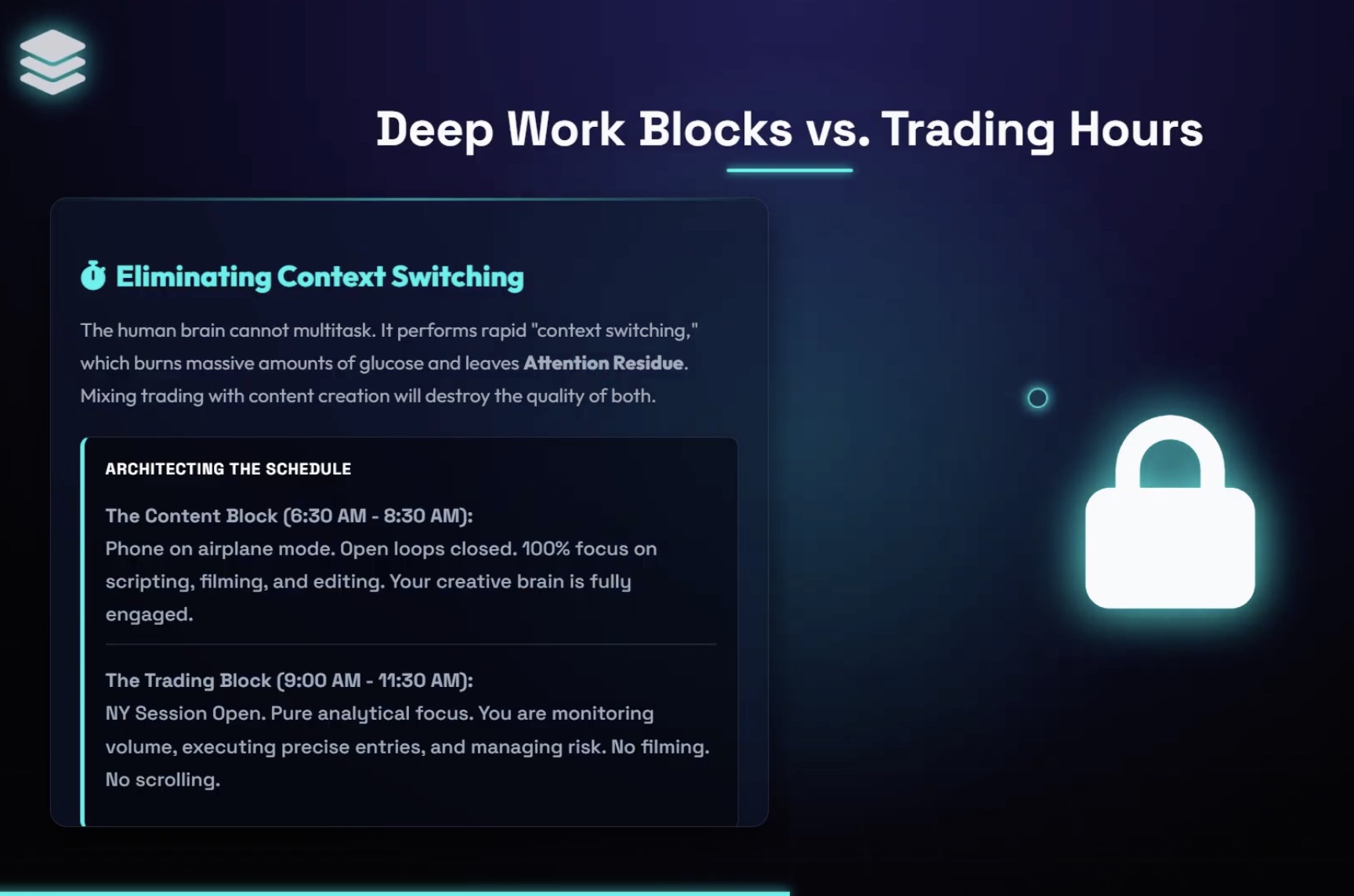 StackMode teaching slide about focus and trading hours.