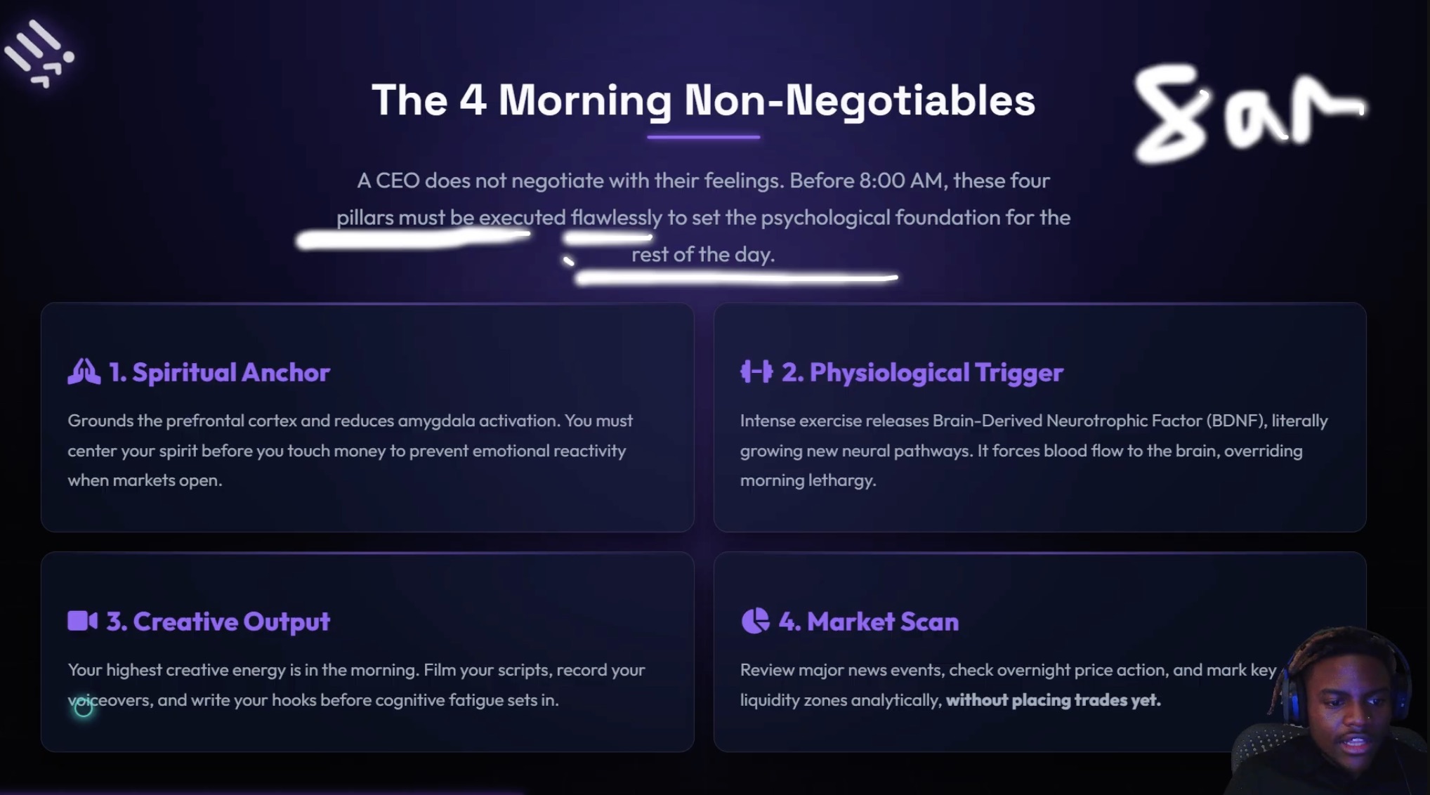 StackMode slide showing four morning pillars.