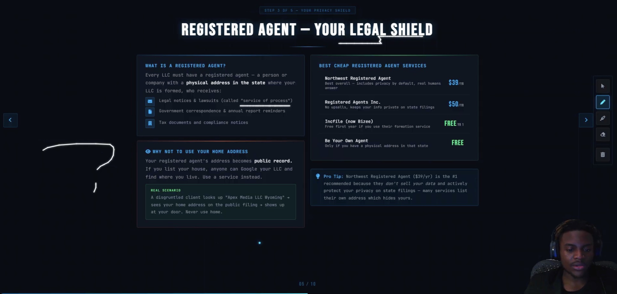 StackMode teaching slide explaining registered agents and privacy.