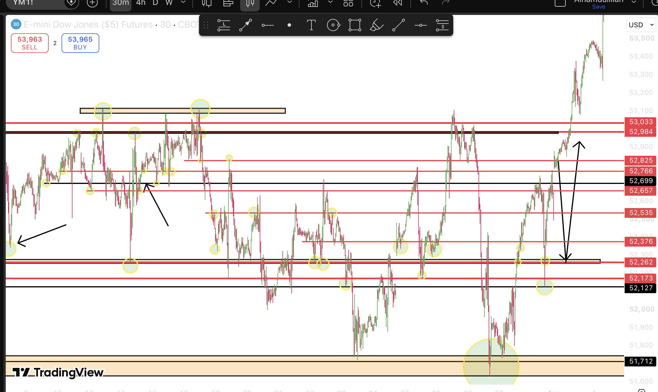 E-mini Dow Jones futures chart with support resistance levels and reaction markers