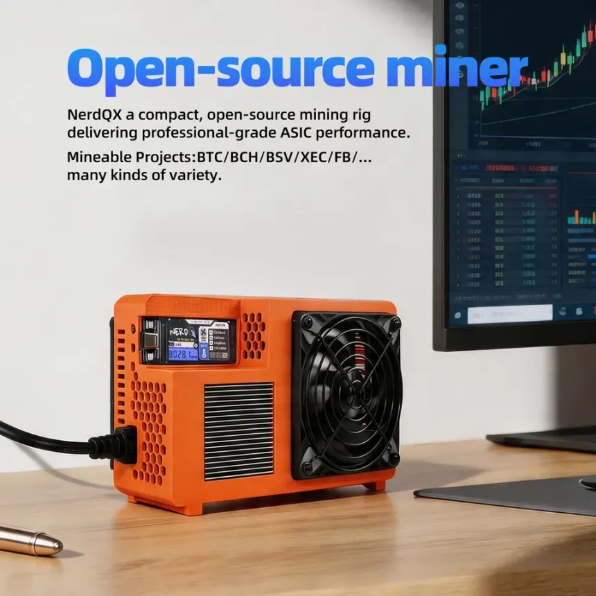 Open-source Bitcoin miner hardware beside a monitor with market charts