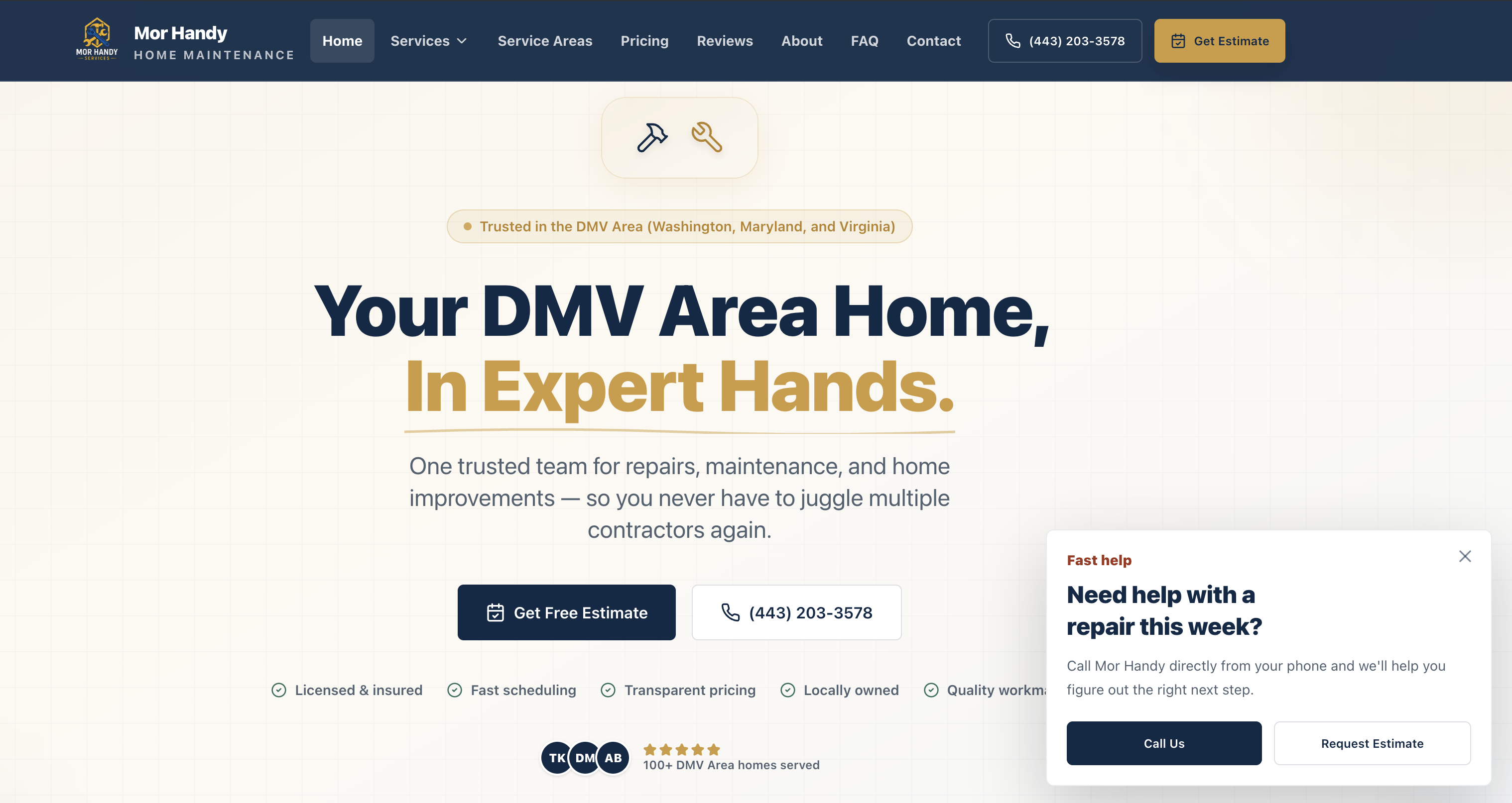 Mor Handy website homepage showing strong service headline, visible phone number, and estimate CTA