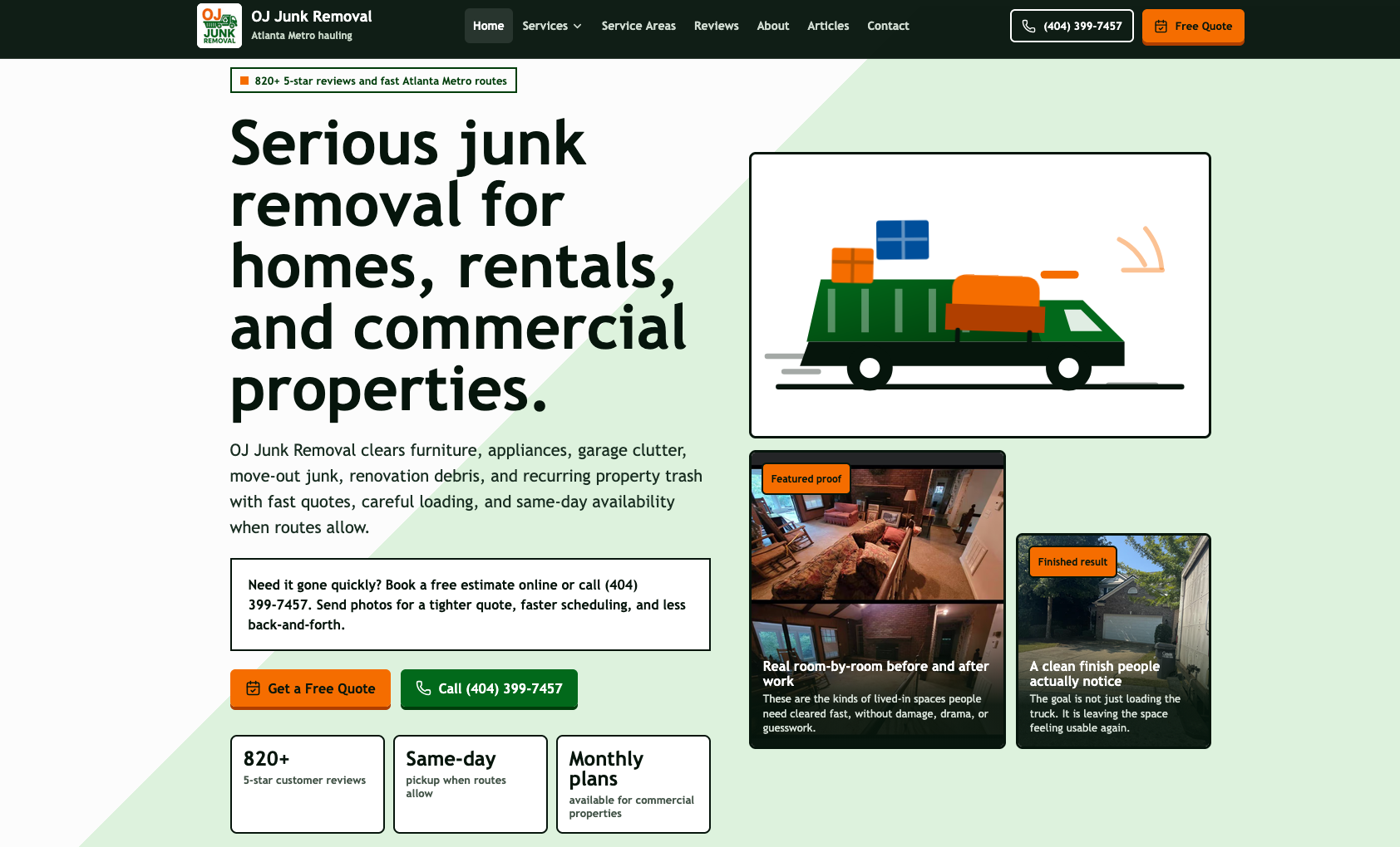 OJ Junk Removal website screenshot showing junk-removal headline, proof cards, and free quote CTA