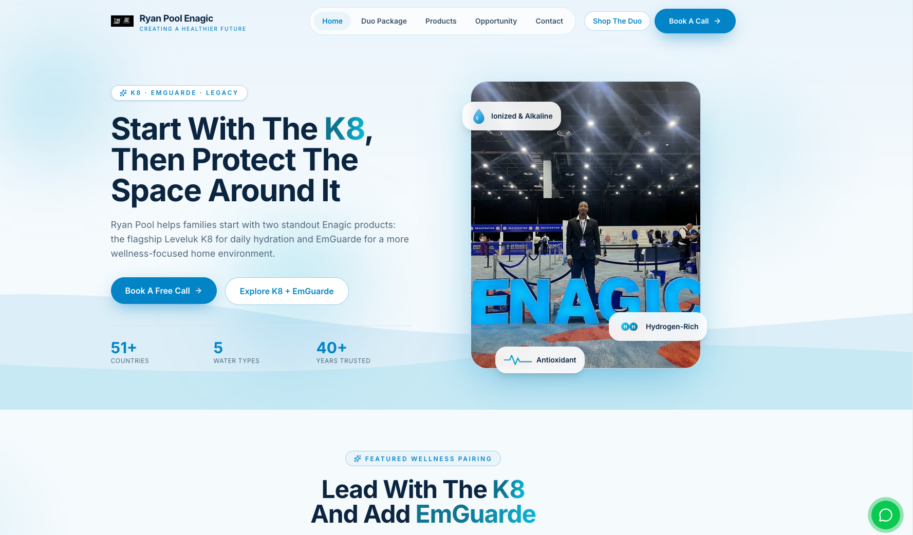 Ryan Pool Enagic website screenshot with product-focused hero section and booking CTA
