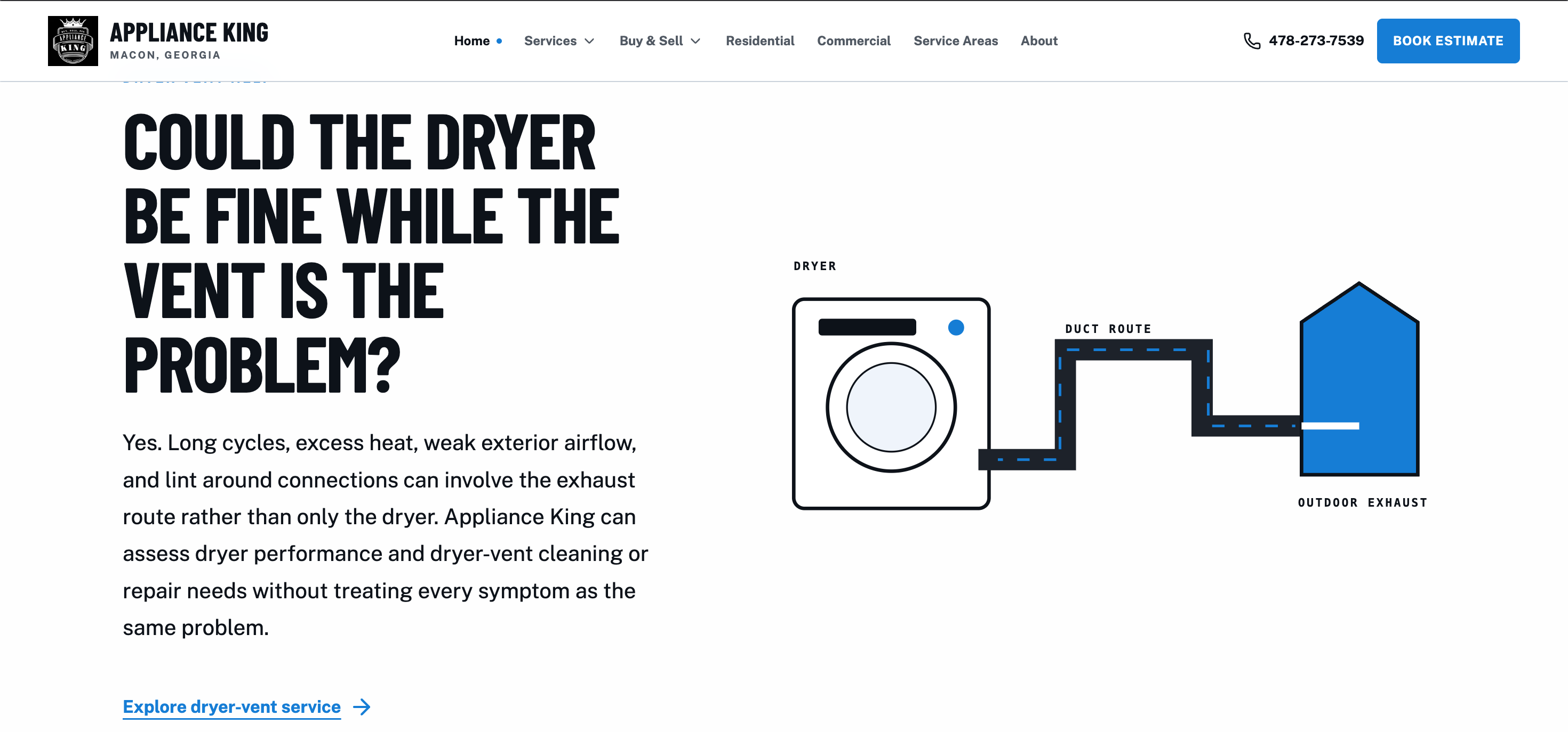 Appliance King dryer vent animation explaining how the dryer connects to the duct route and outdoor exhaust