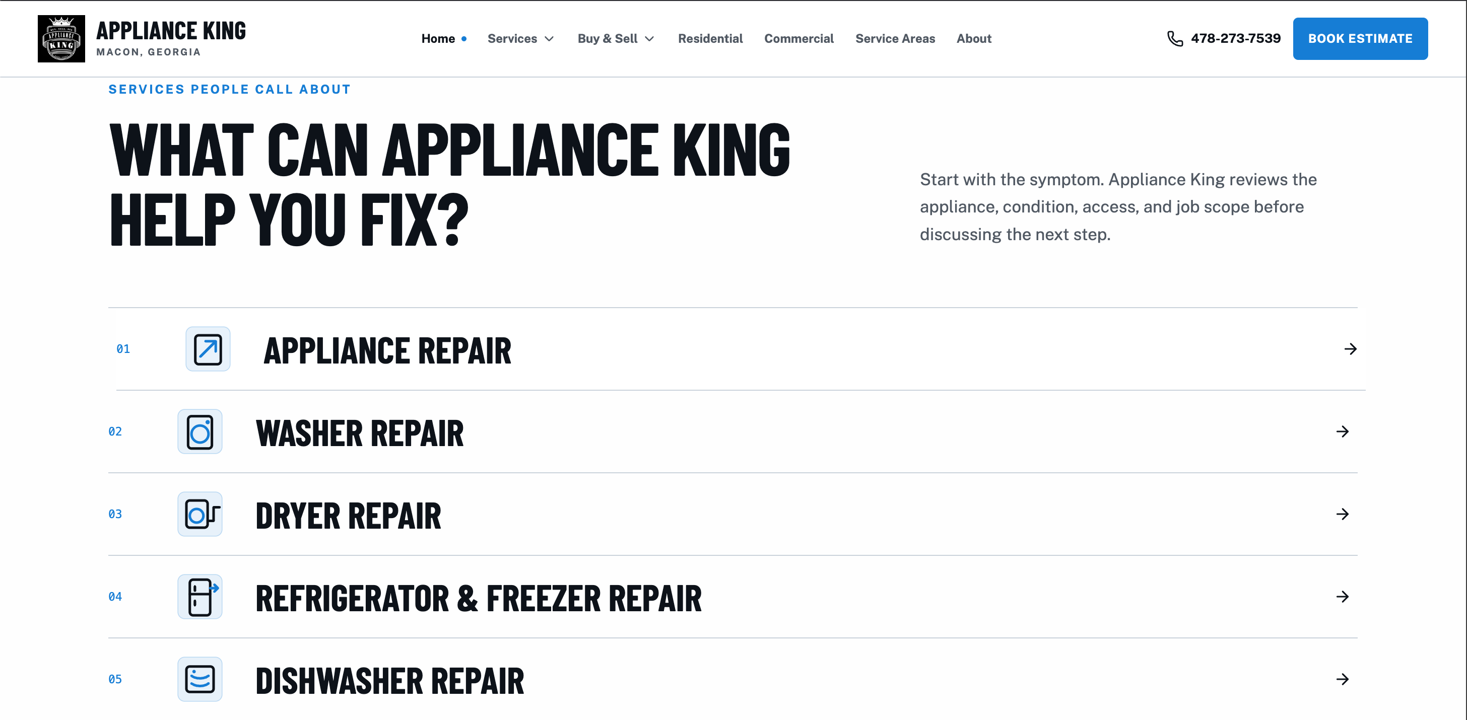 Appliance King website services section showing appliance repair, washer repair, dryer repair, refrigerator repair, and dishwasher repair