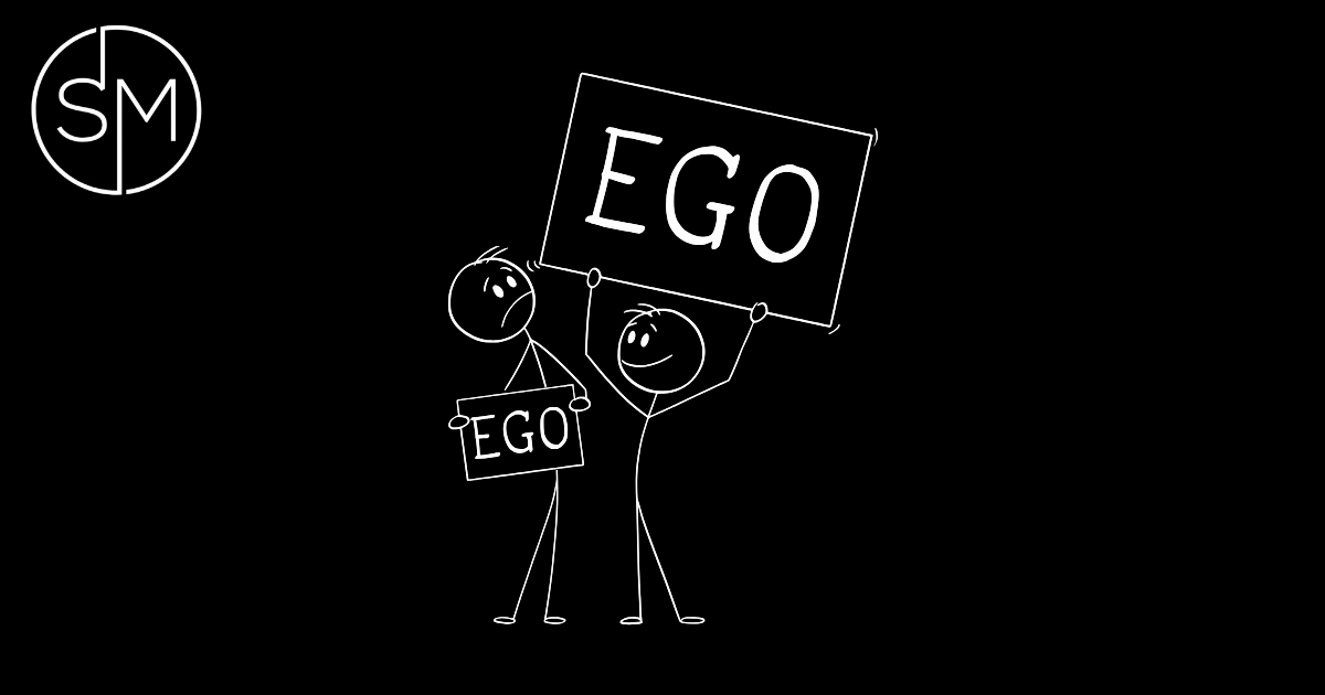 Trading ego warning illustration showing two people holding ego signs