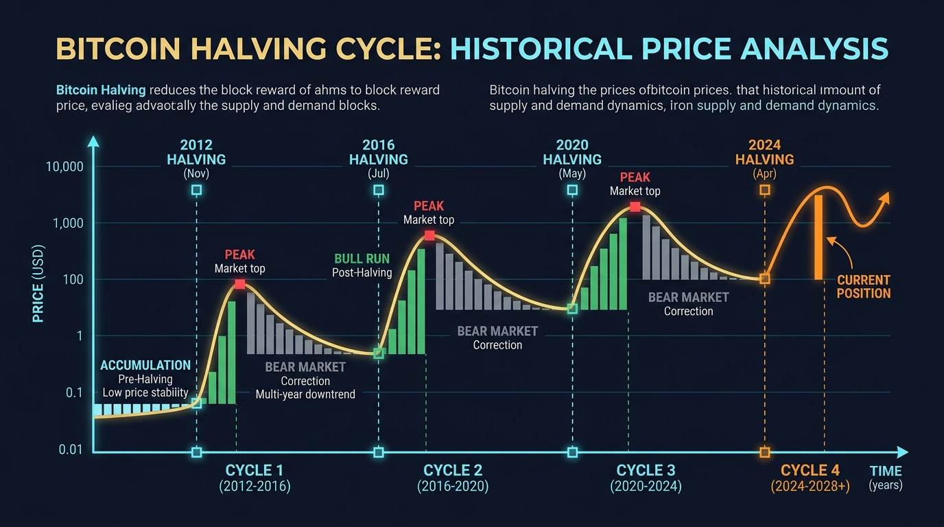 Bitcoin halving cycle chart showing all four cycles from 2012 to present. Each cycle labeled with the halving year (2012, 2016, 2020, 2024) and showing the accumulation phase, bull run phase, peak, and bear market correction. The current Cycle 4 (2024-2026+) is highlighted with the current position marked.