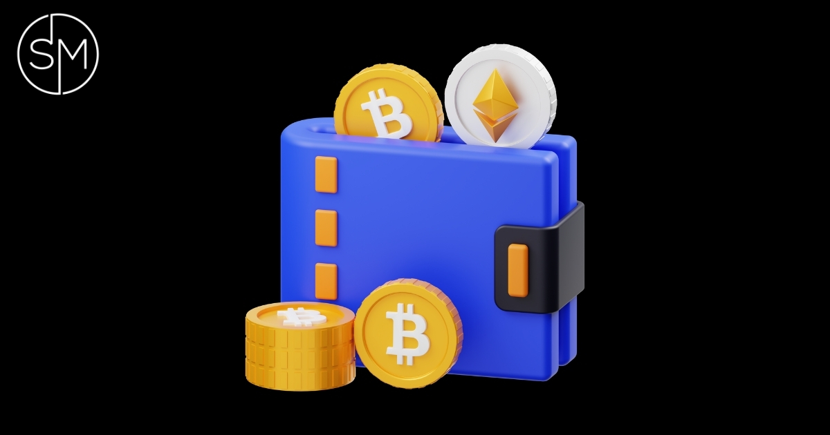 Blue crypto wallet holding Bitcoin and Ethereum coins