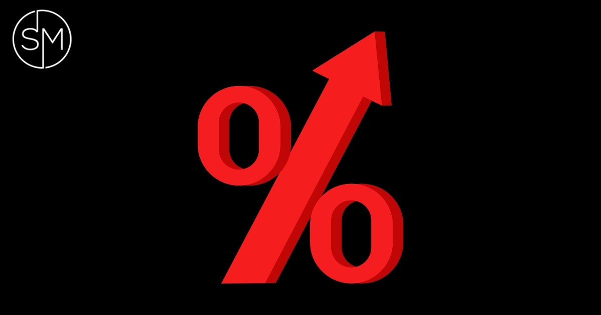Red upward interest rate percentage arrow illustration