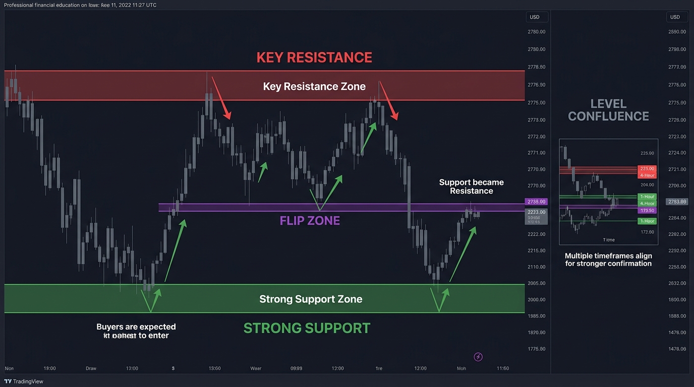 Trading chart diagram showing how professional traders identify key levels: a strong support zone at the bottom (green shaded area), key resistance zone at the top (red shaded area), and a flip zone in the middle where support became resistance after being broken — with price bouncing between all zones multiple times