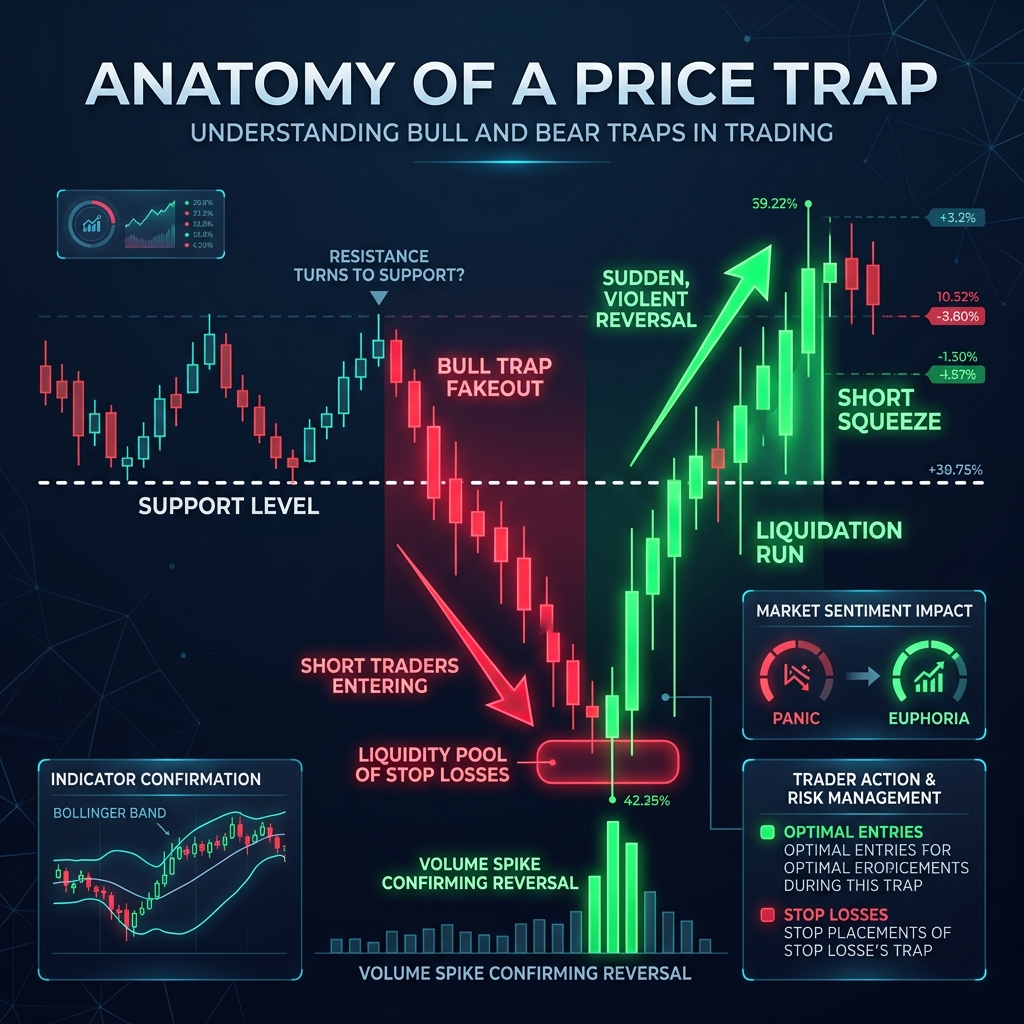Infographic showing a bear trap where price breaks support to hit stops before reversing higher