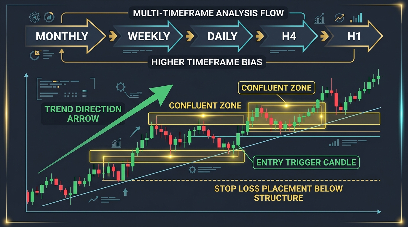 Multi-timeframe analysis flow diagram for Forex showing Monthly to H1 analysis with confluence zones and entry trigger candles