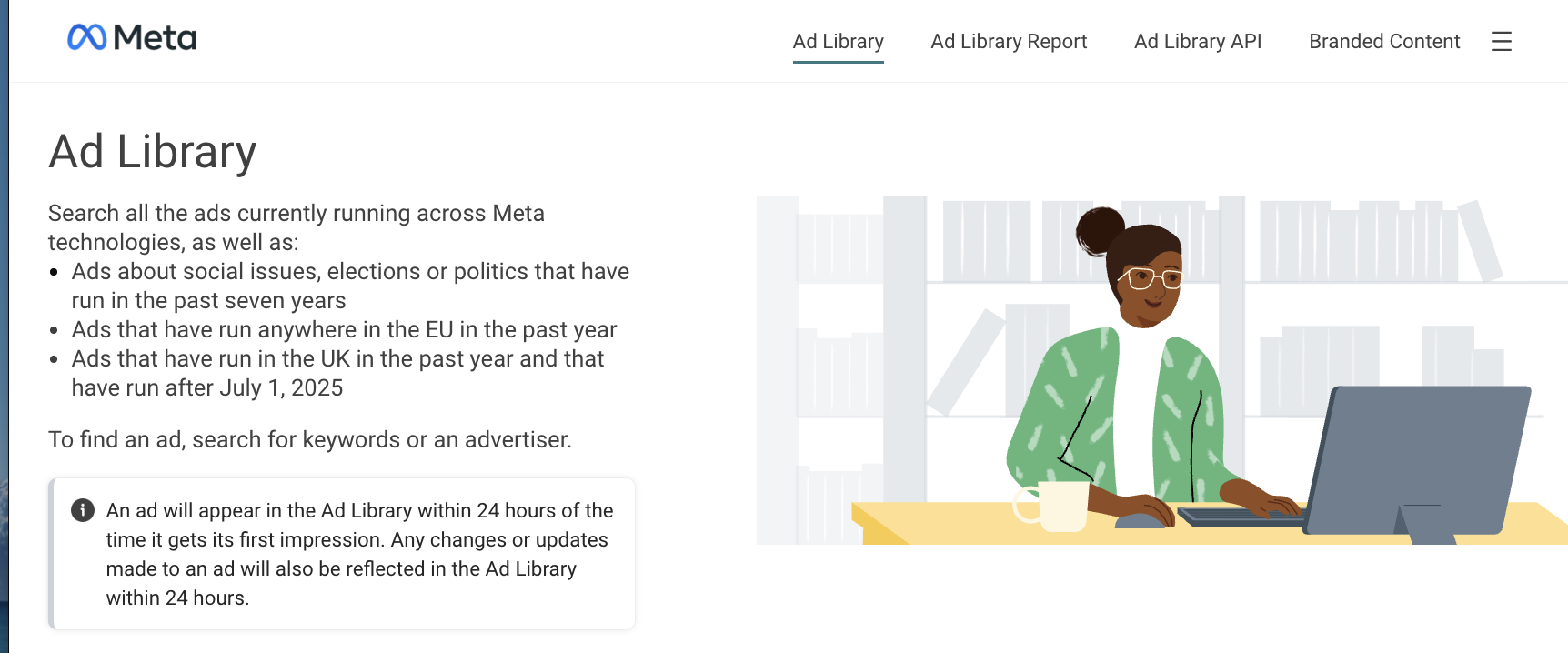 Meta Ad Library homepage screenshot