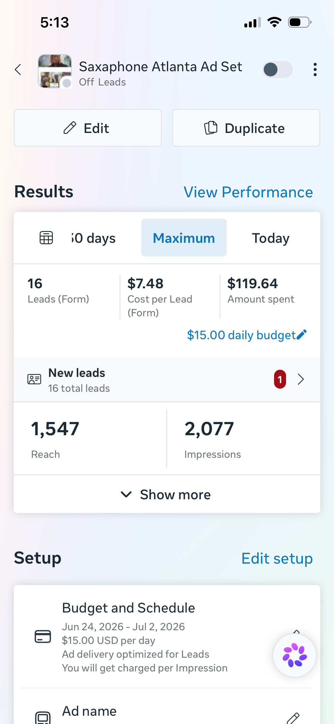 Saxaphone Atlanta ad set results