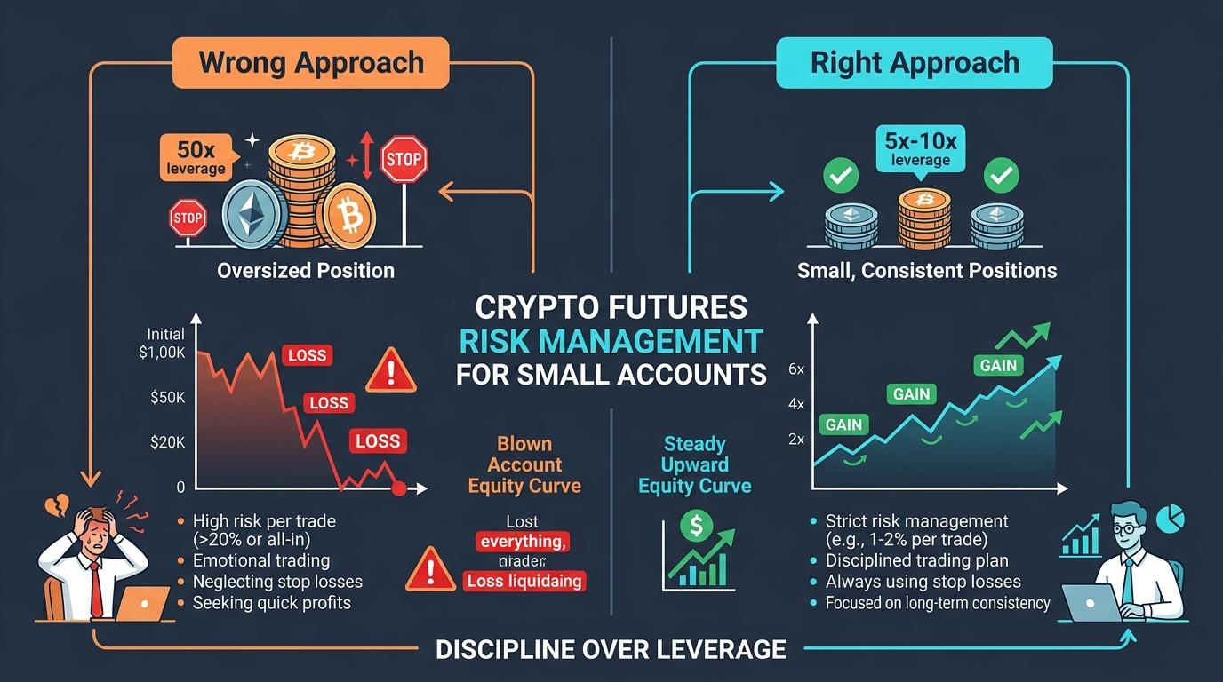 Comparison diagram showing the wrong approach (50x leverage, oversized positions, blown account) versus the right approach (5x-10x leverage, small consistent positions, steady equity growth) for crypto futures small accounts
