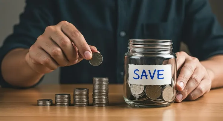 Hands placing a coin into a save jar