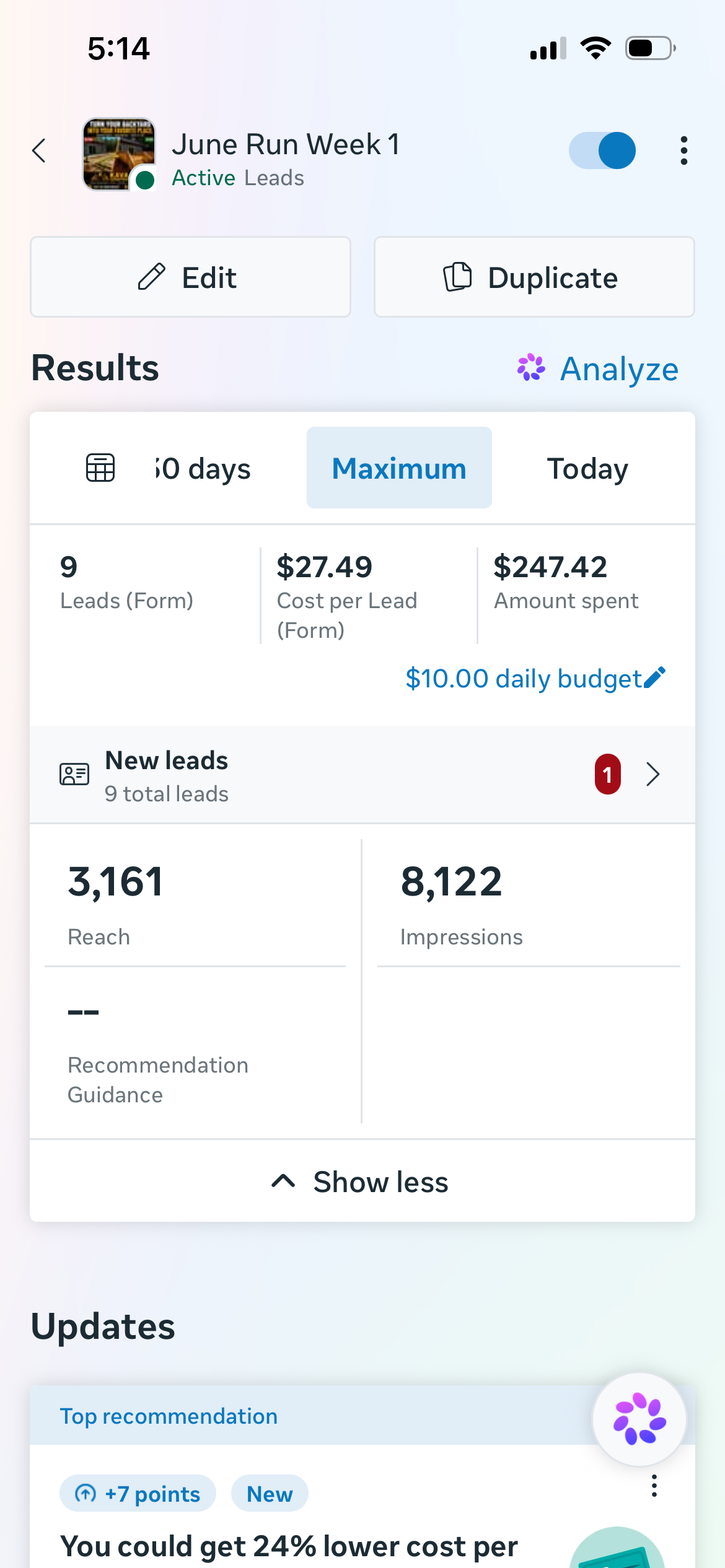 Kava construction Meta ads results screenshot