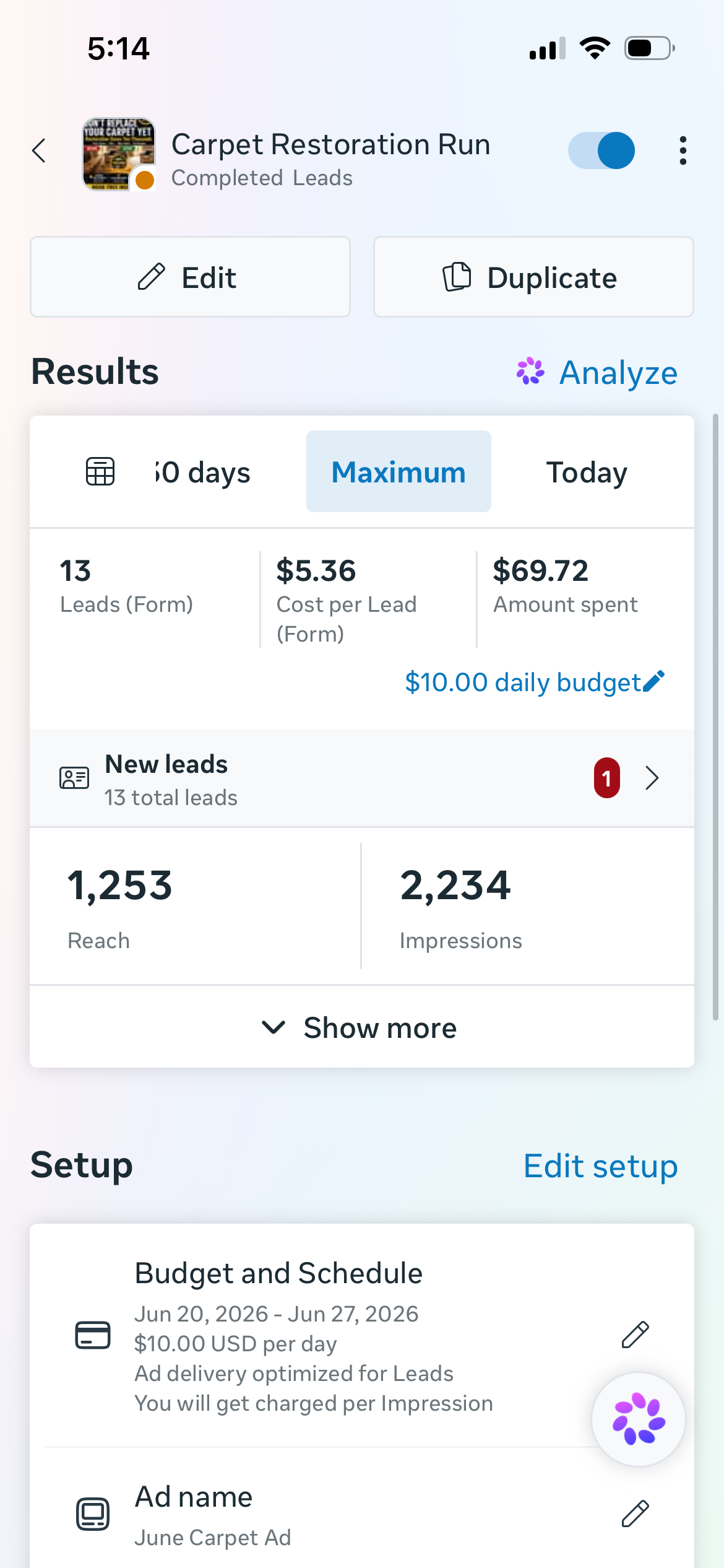 Mor Handy carpet cleaning Meta ads results screenshot