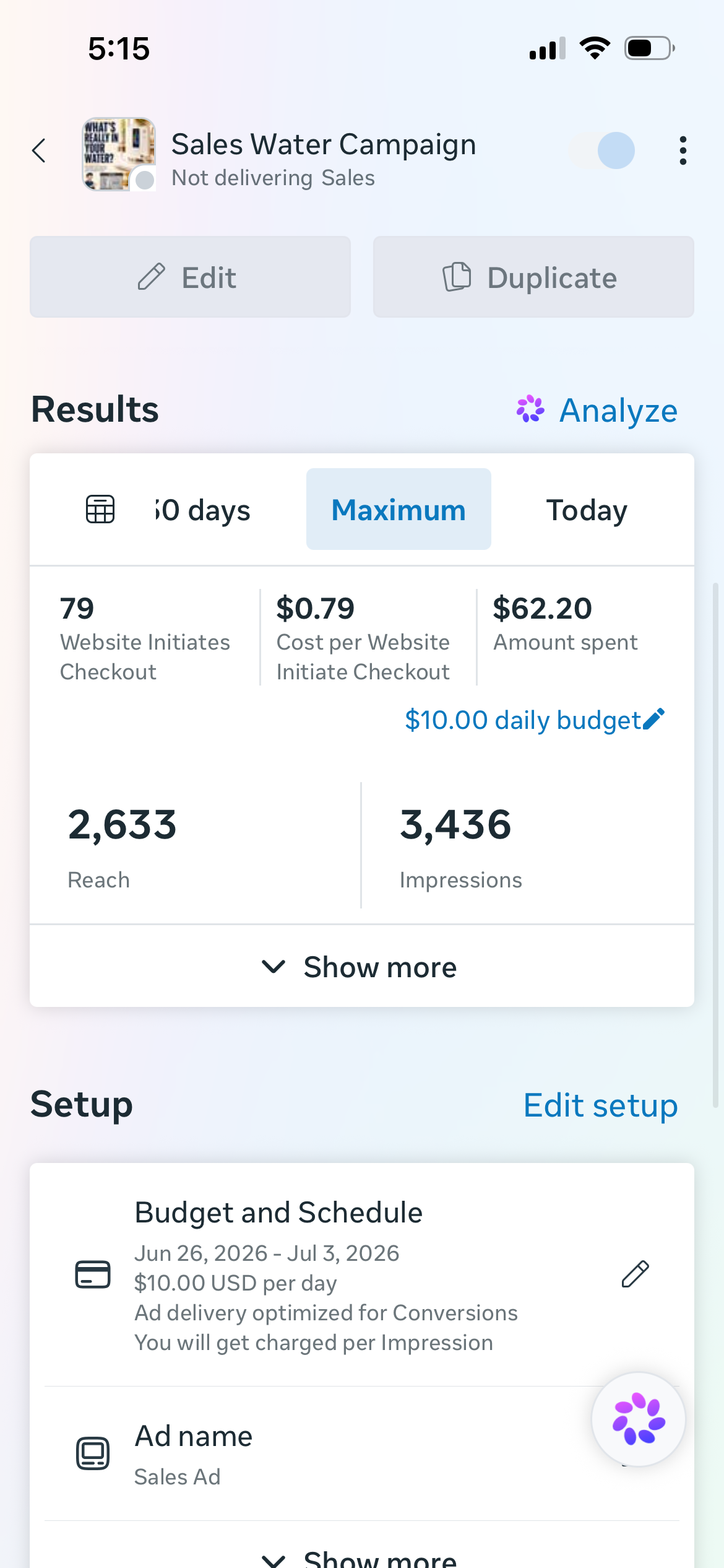 Ryan Pool SR Enagic Meta ads results screenshot