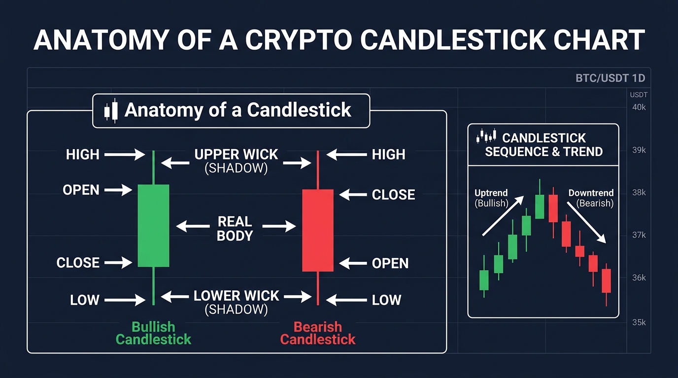 Educational diagram showing the anatomy of a crypto candlestick: open, close, high, low, upper wick, lower wick, bullish green body versus bearish red body, with a sequence showing uptrend and downtrend patterns