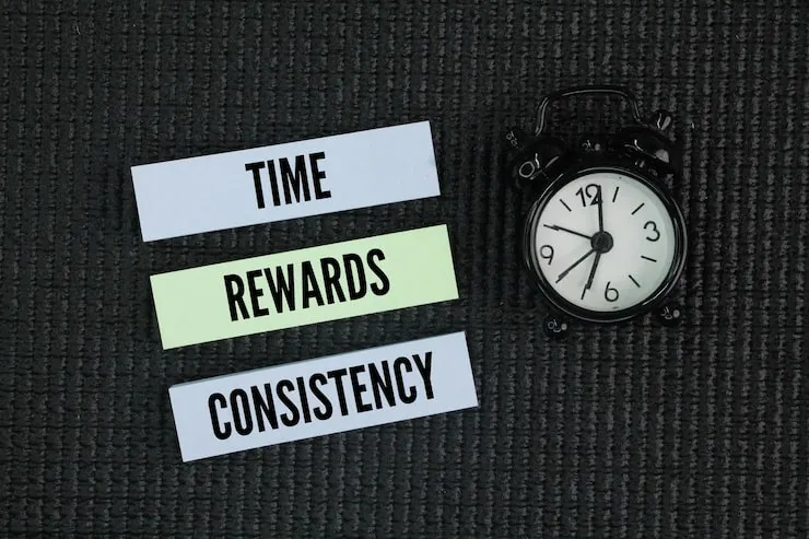 Time, rewards, and consistency next to a clock