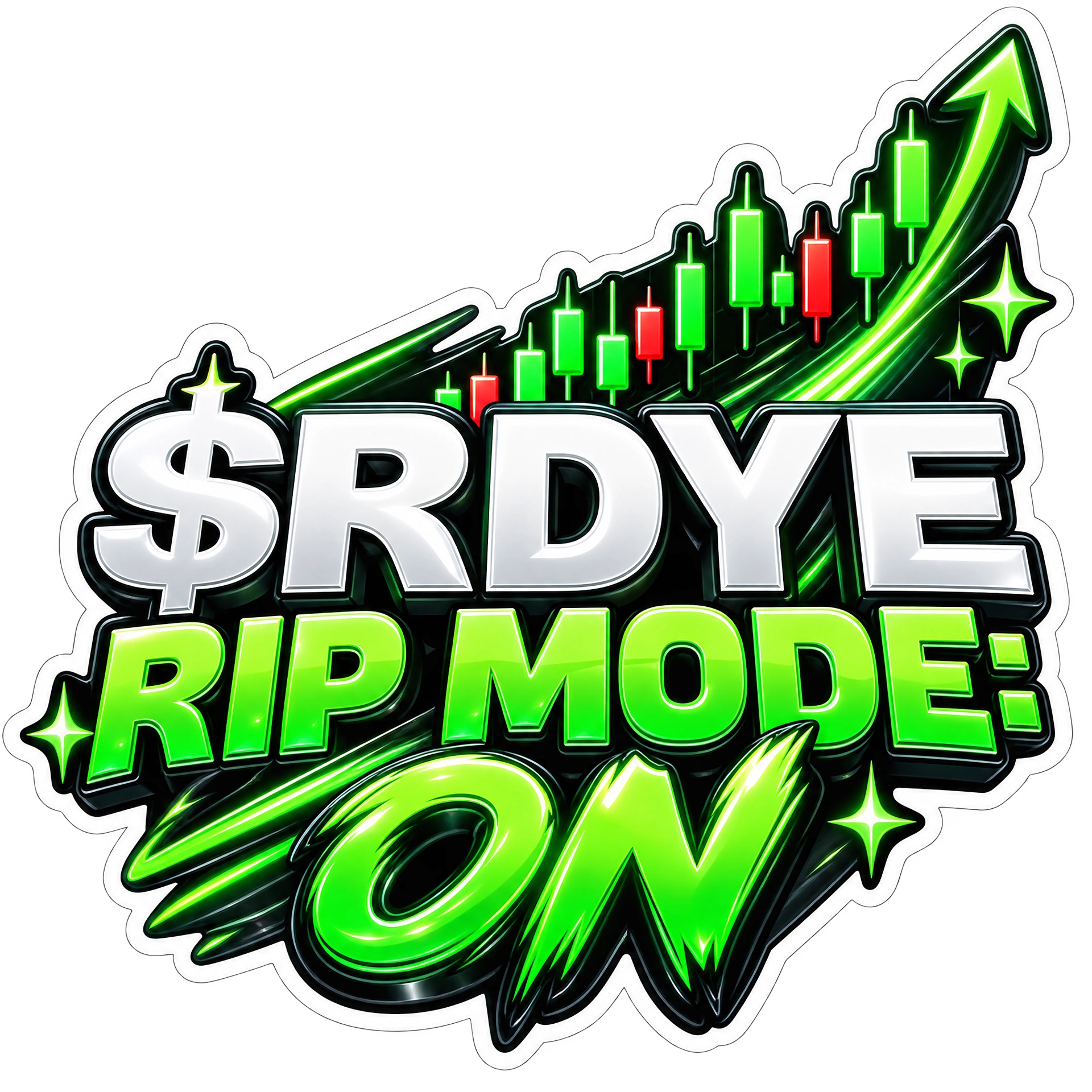 RDYE rip mode on sticker artwork with green candles and upward arrow