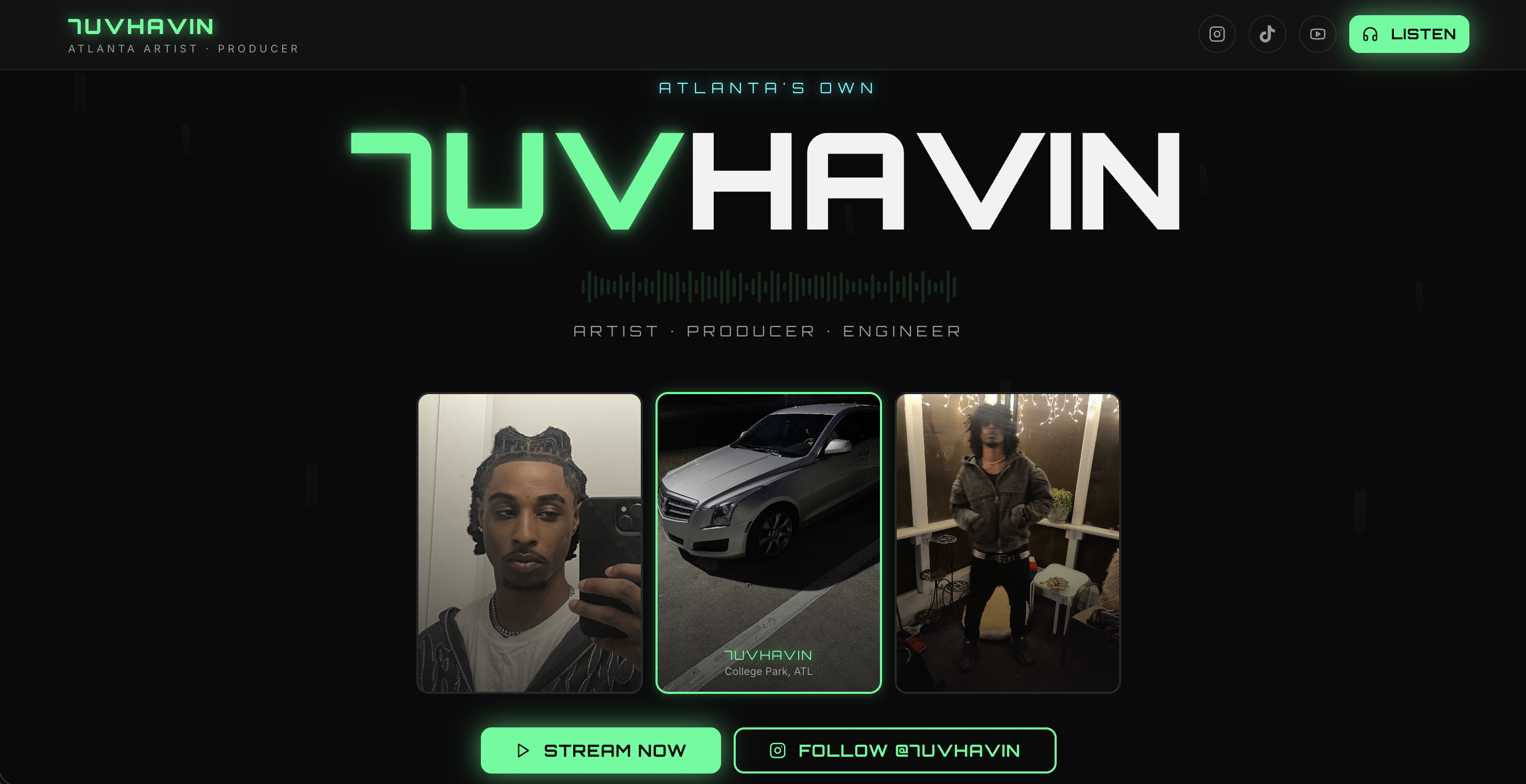 7uvhavin homepage showing Atlanta artist branding, music CTA, and social links