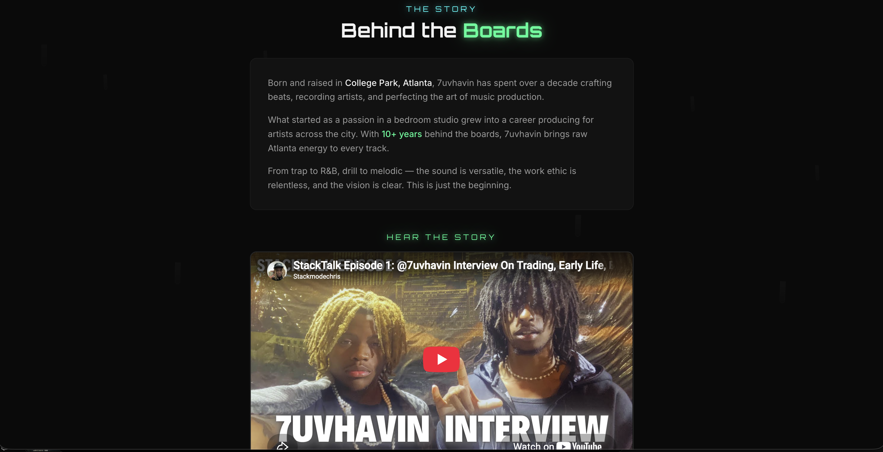 7uvhavin website story section with artist background and interview embed