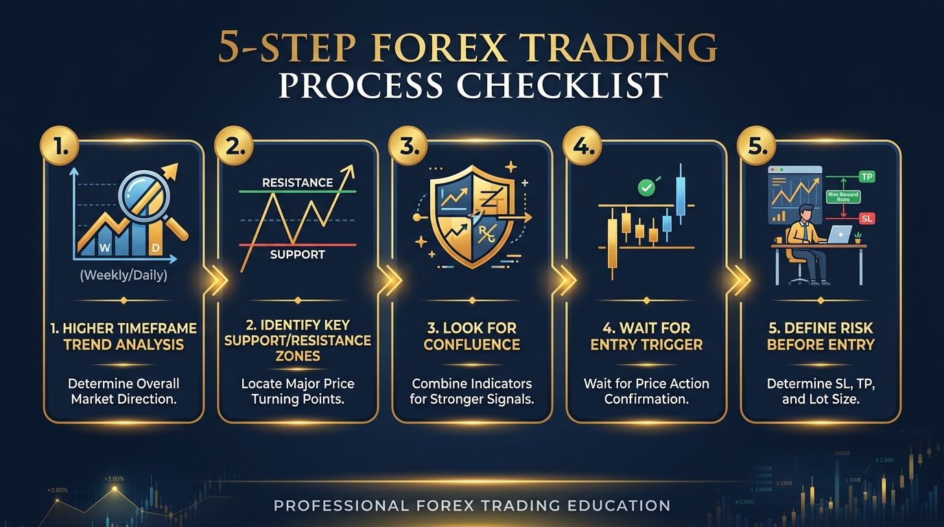 5-step forex trading process checklist showing higher timeframe analysis, key levels, confluence, entry trigger, and risk definition
