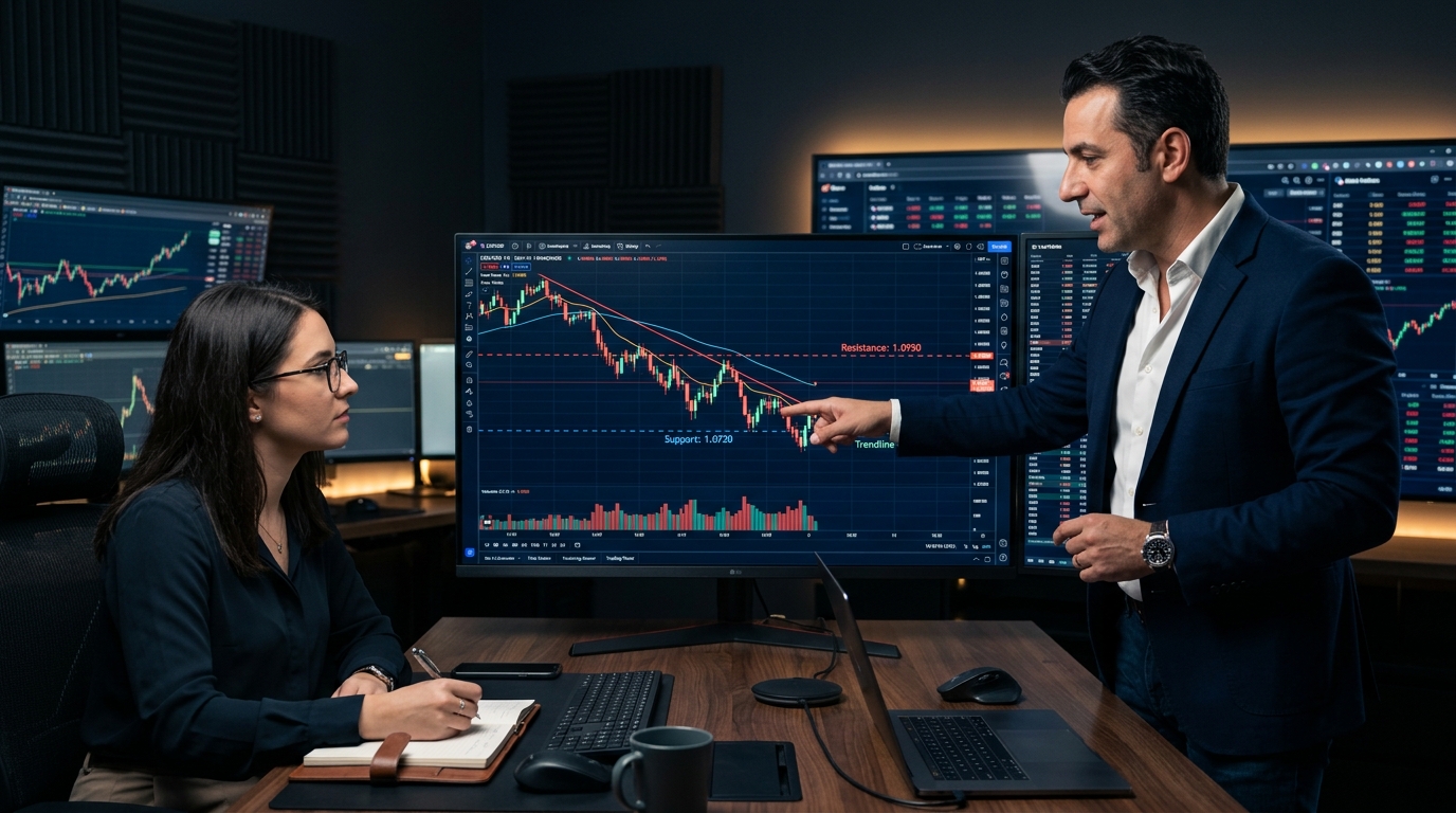 Forex mentor and student reviewing a EUR/USD candlestick chart together, identifying support and resistance levels on multiple monitors