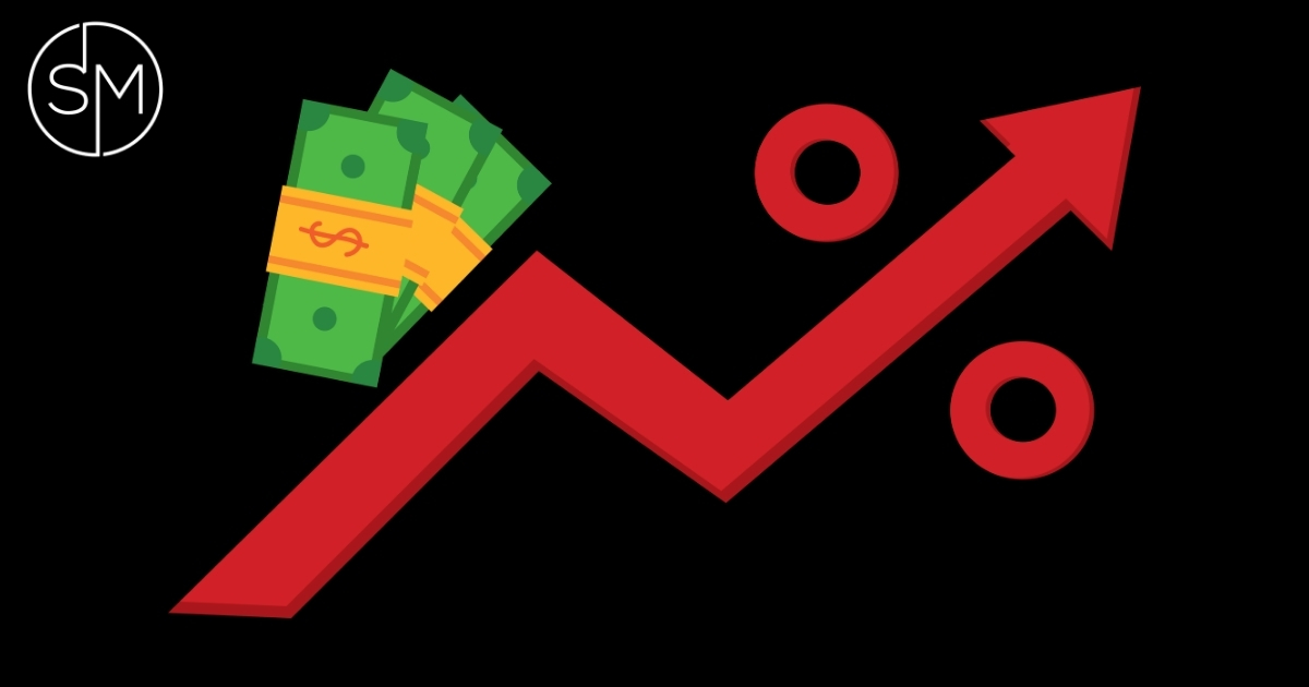 Inflation illustration showing money and a rising percentage arrow