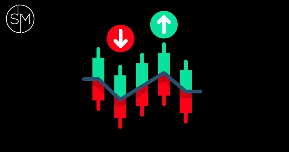 Green and red arrows over candlesticks illustrating directional options exposure