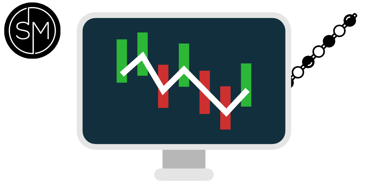 Trading monitor graphic with candles and line chart for passive profit planning