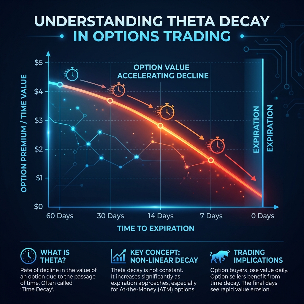 Infographic showing the rapid drop of theta decay in options trading near expiration