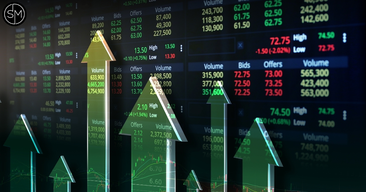 Market board with green arrows rising
