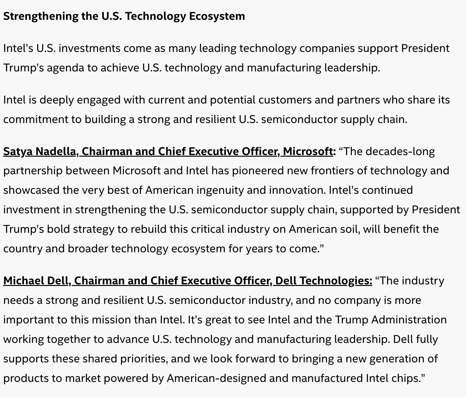Intel ecosystem support screenshot with Microsoft and Dell executive comments