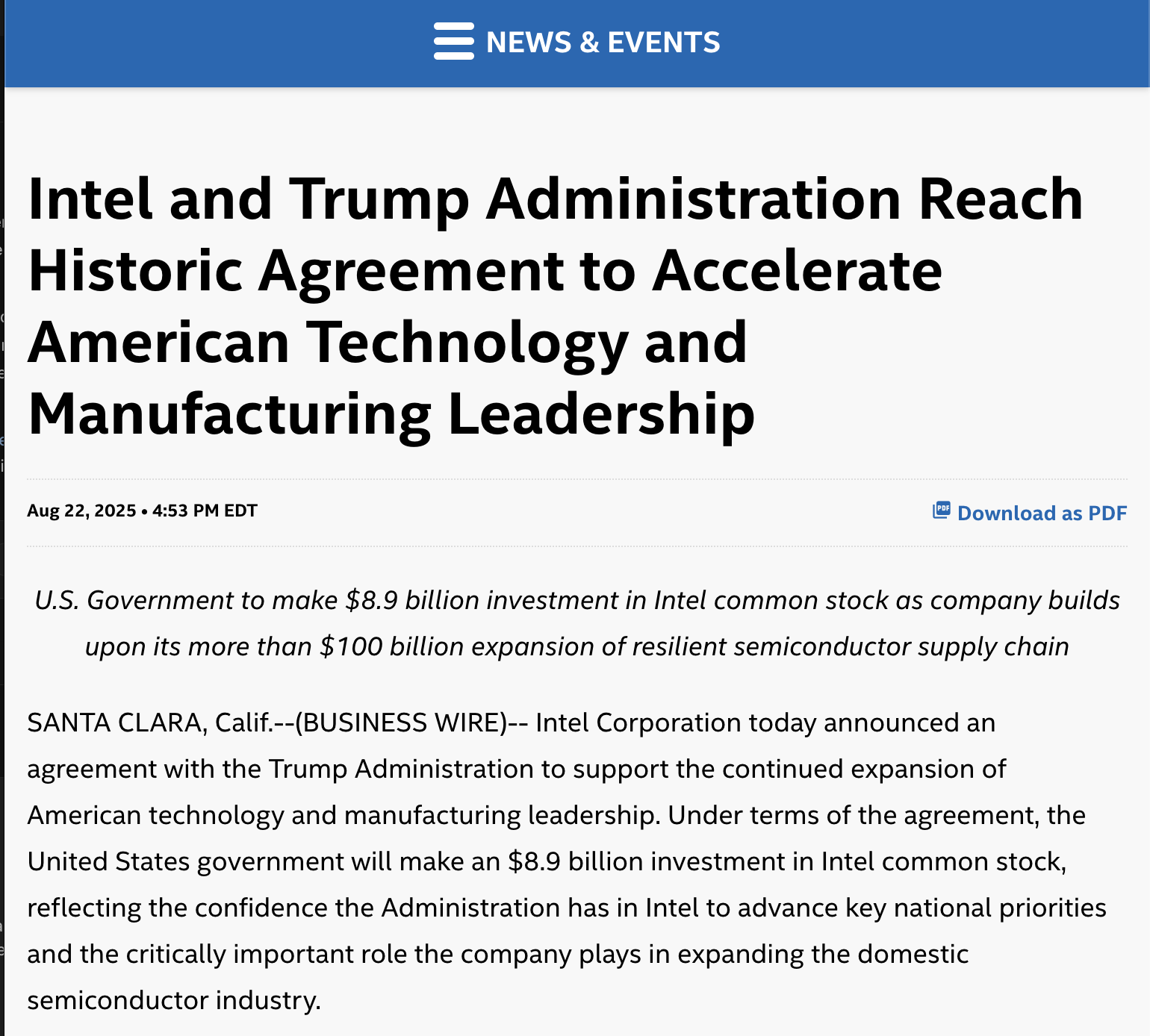 Intel newsroom screenshot showing the U.S. government investment announcement