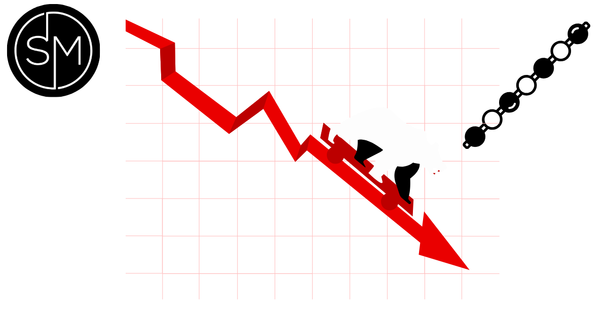 Bear market graphic sliding down a red crash arrow