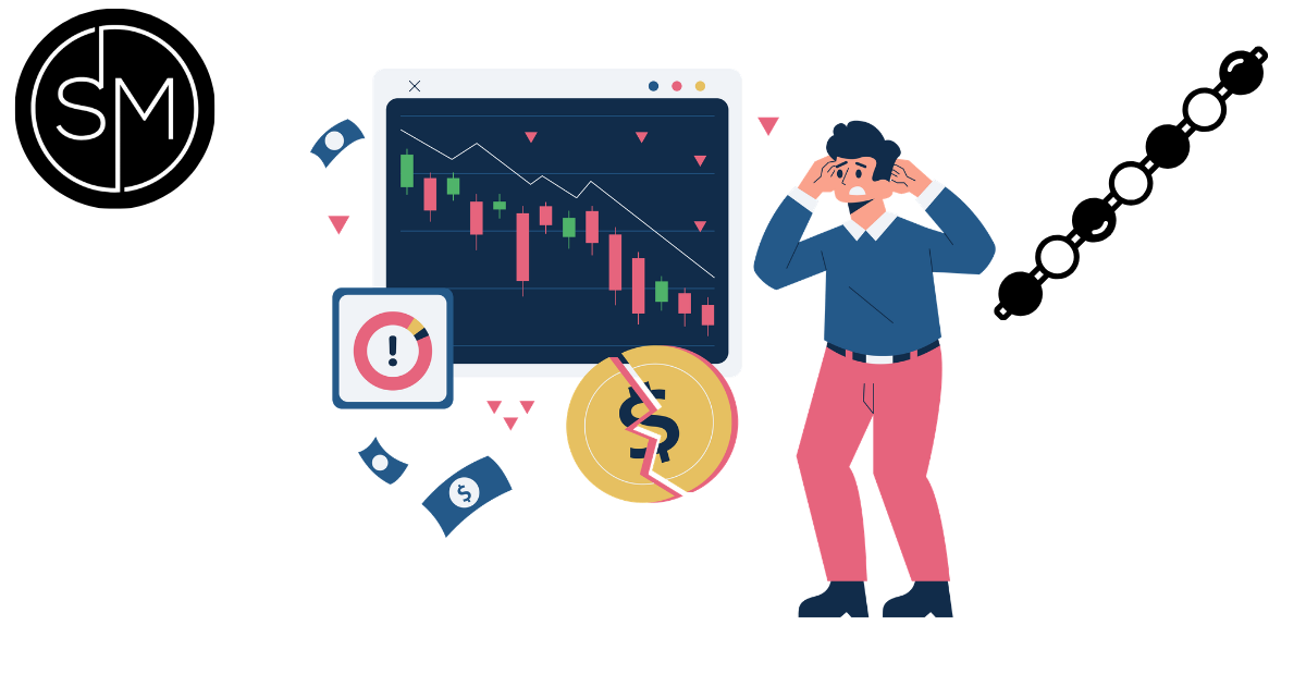 Trader panic graphic next to a falling chart and broken coin