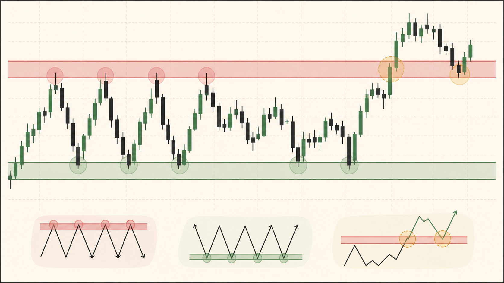 Generic candlestick chart showing broad support and resistance zones with a breakout and retest