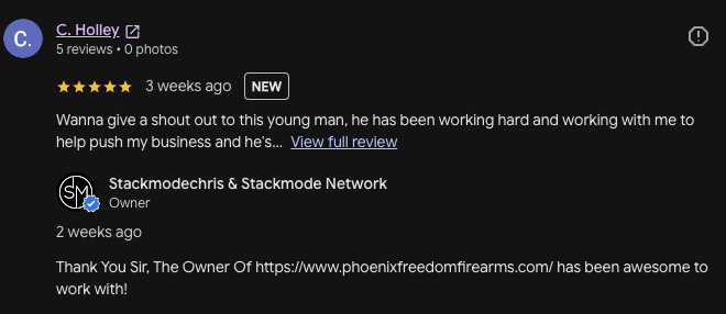 C. Holley Google review of Stackmode business support