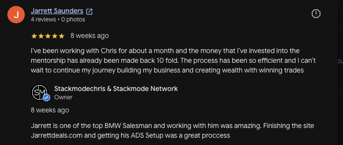 Jarrett Saunders Google review of Stackmode business website and ads