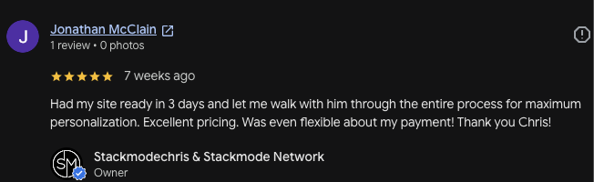 Jonathan McClain Google review of Stackmode website build