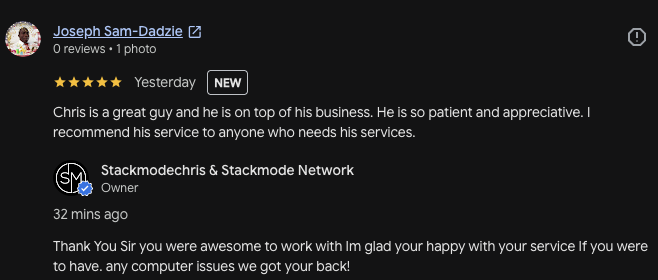 Joseph Sam-Dadzi Google review of Stackmode tech repair